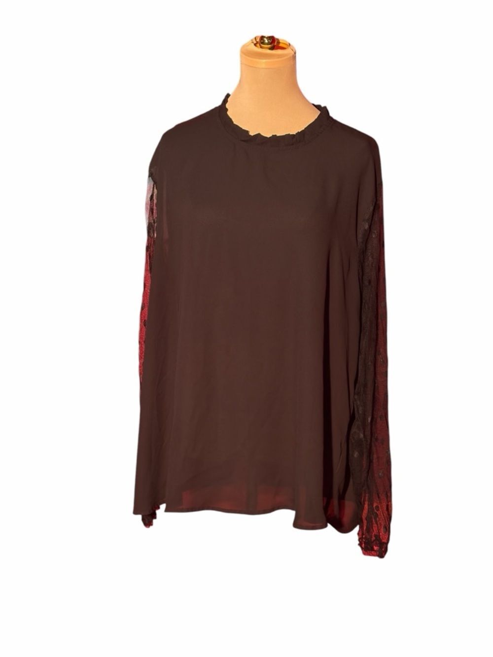 SHEIN Curve Black Chiffon Blouse Sheer Polka Dot Lace Sleeves Size 5XL